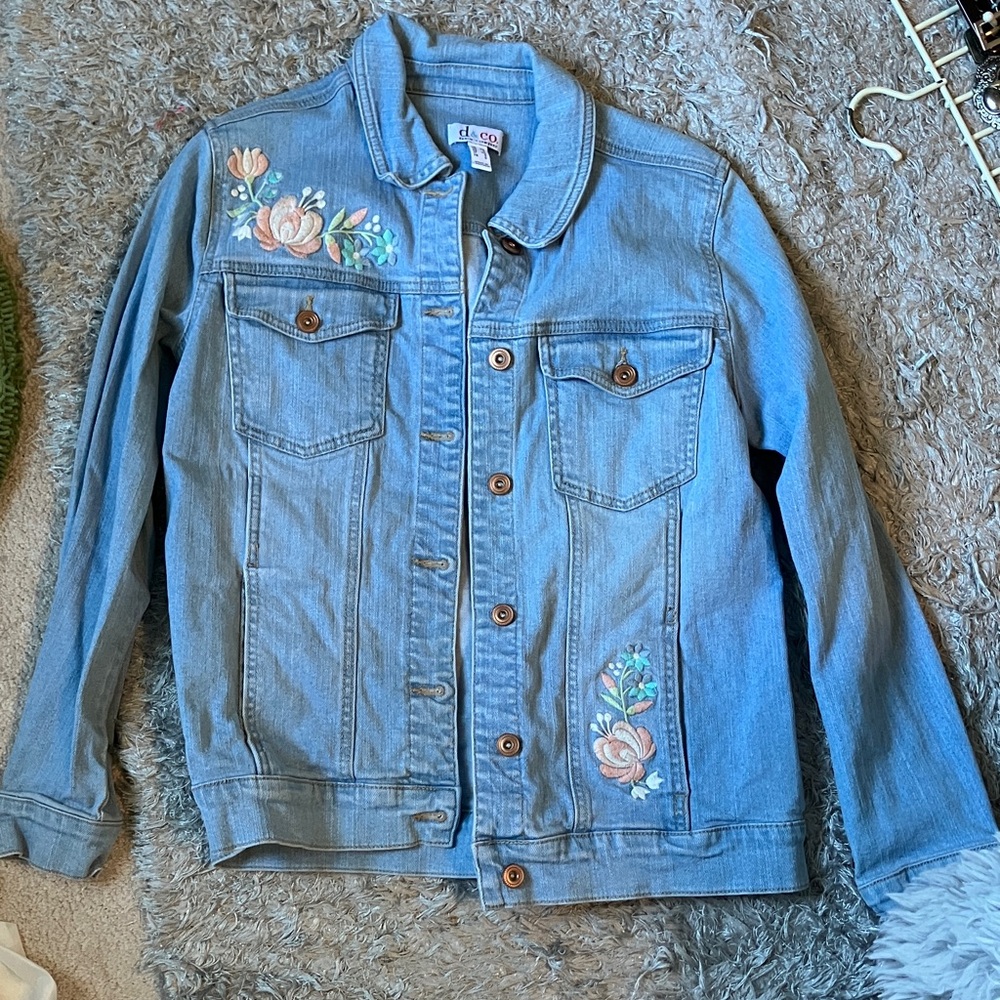 Floral Embroidered Light Blue Denim Jacket